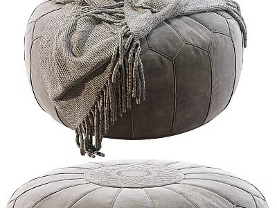 Round Leather Ottoman with Fringed Blanket and Quilted Top Design 3d model