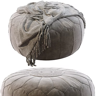 Round Leather Ottoman with Fringed Blanket and Quilted Top Design 3d model