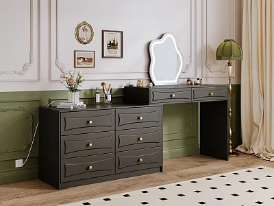 Elegant Black Dressing Table With Multiple Drawers Unique Shaped Mirror And Decorative Paintings 3d model