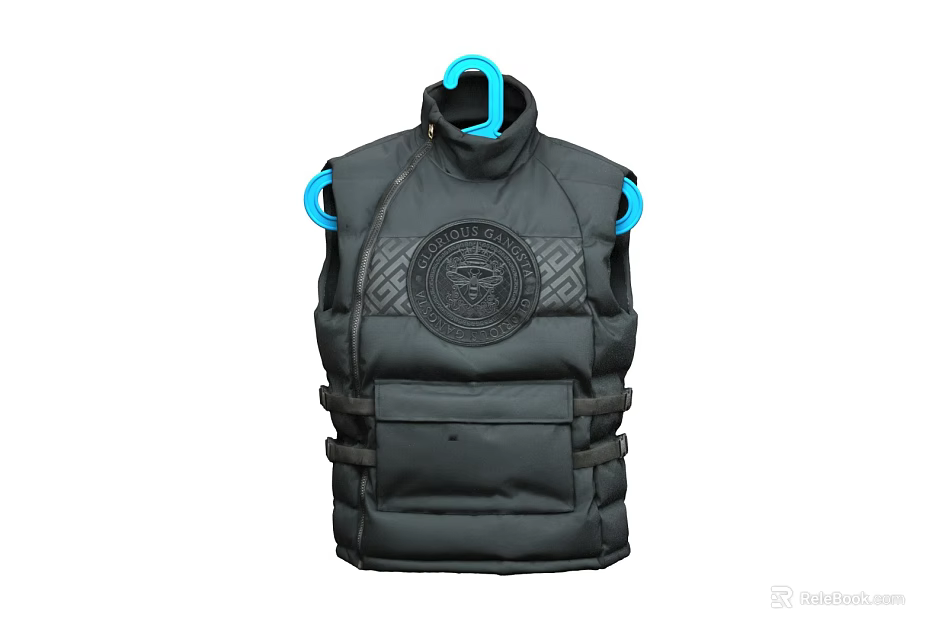 Black Padded Vest with Round Emblem Straps and Multiple Pockets on Blue Hanger 3d model 