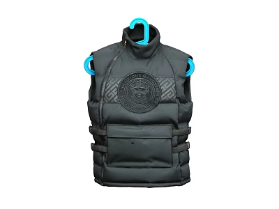 Black Padded Vest with Round Emblem Straps and Multiple Pockets on Blue Hanger 3d model