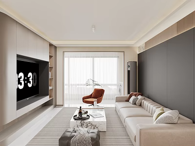 Modern Living Dining Room with Beige Sofa TV Wall Red Armchair and Marble Coffee Table 3d model