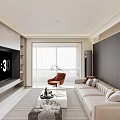 Modern Living Dining Room with Beige Sofa TV Wall Red Armchair and Marble Coffee Table