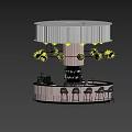 Modern Bar Interior With Circular Counter Gold Sphere Chandelier And Black Bar Stools