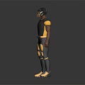 Football Player In Black And Yellow Uniform With Helmet Knee Pads Standing Against Gray Background
