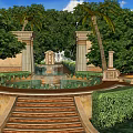 Elegant Entrance Gate In Courtyard With Circular Ponds Fountains Stone Columns And Lush Greenery