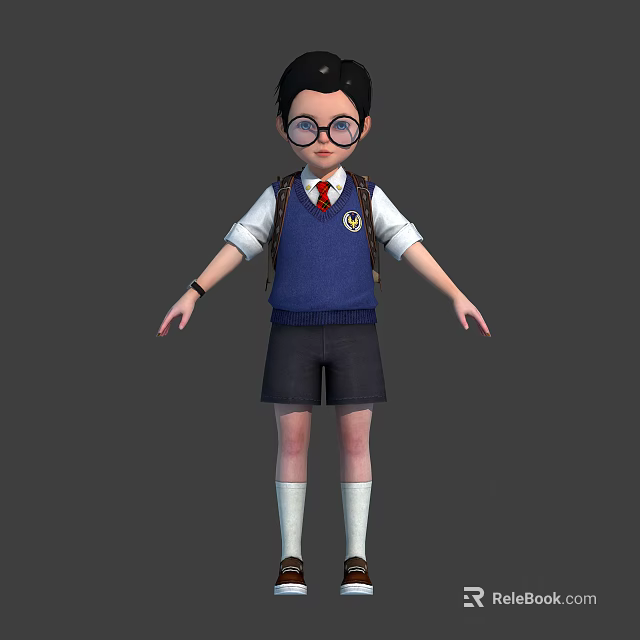 Cartoon Schoolboy Wearing Glasses White Shirt Blue Sweater Vest Black Shorts Backpack And Chest Badge 3d model 