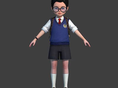 Cartoon Schoolboy Wearing Glasses White Shirt Blue Sweater Vest Black Shorts Backpack And Chest Badge 3d model