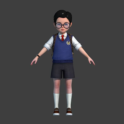 Cartoon Schoolboy Wearing Glasses White Shirt Blue Sweater Vest Black Shorts Backpack And Chest Badge 3d model