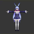 Cute Child Cartoon Character With Rabbit Ears Purple Hair And Blue White Dress Arms Outstretched