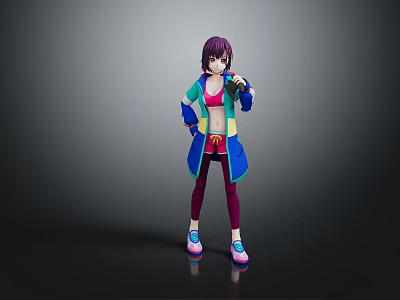 Anime Style Female Character With Purple Hair And Colorful Outfit 3d model