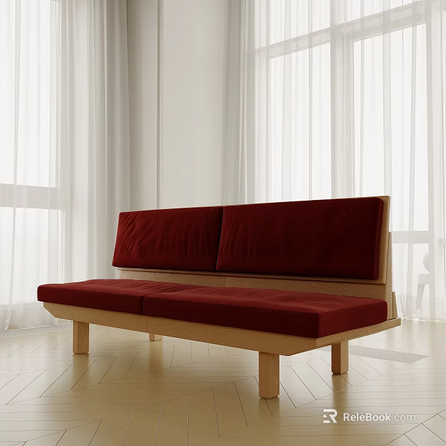 Red Padded Two Seater Sofa With Wooden Frame In Bright Room With White Curtains 3d model 