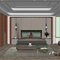 Modern Bedroom Interior With Upholstered Headboard Ottoman Area Rug And Nightstands
