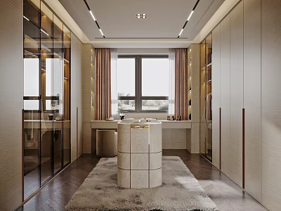 Luxury Modern Walk In Closet Interior With Glass Doors Cabinets Vanity Soft Rug And Natural Light 3d model