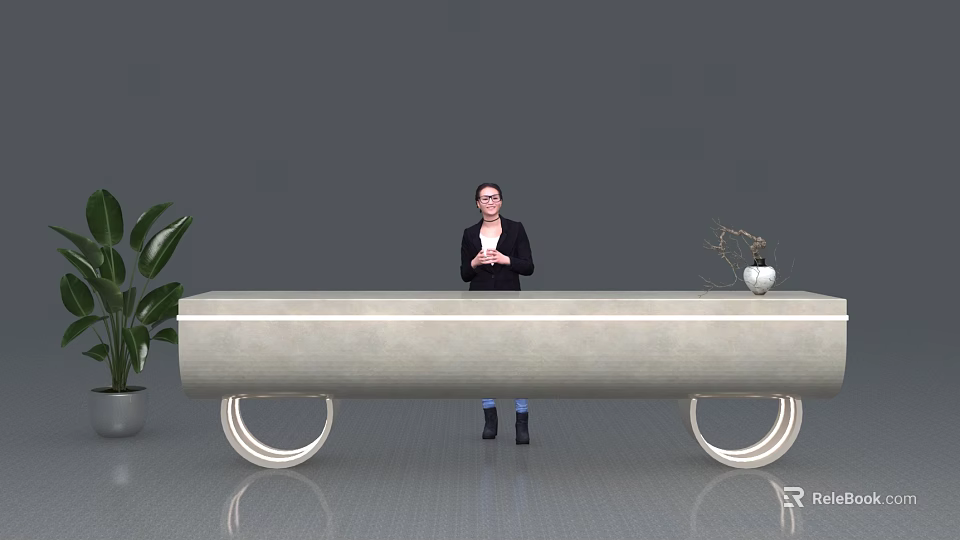 Modern Reception Desk With Receptionist Standing Behind Green Plant And Decorative Vase On Sleek Surface 3d model 