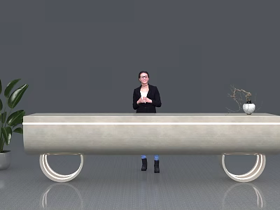 Modern Reception Desk With Receptionist Standing Behind Green Plant And Decorative Vase On Sleek Surface 3d model