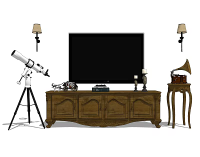 Classic Wooden TV Stand With TV Telescope Gramophone And Decorative Items 3d model