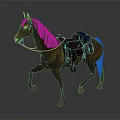 Brown Horse With Red Saddle And Blue Blanket Walking In Motion