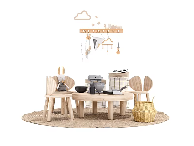 Kids Table with Rabbit Ear Chairs Play Kitchen Toys Cloud Decor and Woven Rug 3d model