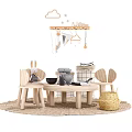 Kids Table with Rabbit Ear Chairs Play Kitchen Toys Cloud Decor and Woven Rug