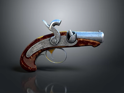 Vintage Revolver With Silver Metal Body And Brown Wooden Engraved Grip 3d model