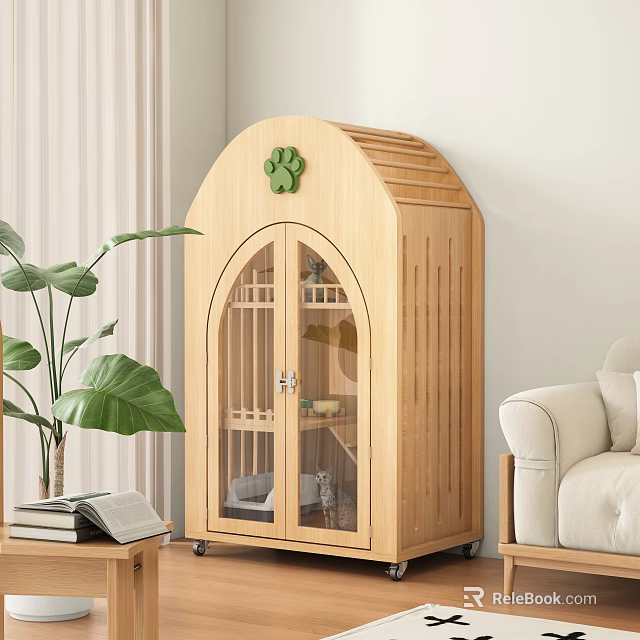 Wooden Pet Cabinet with Arched Glass Door and Green Paw Print Decoration in Living Room 3d model 