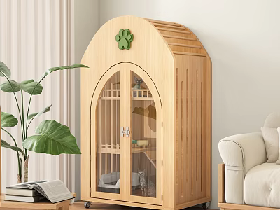 Wooden Pet Cabinet with Arched Glass Door and Green Paw Print Decoration in Living Room 3d model