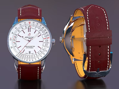 Luxury Watch With White Dial Red Leather Strap White Stitching Exposed Movement And Metal Buckle 3d model