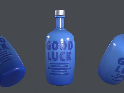 Blue Wine Bottle and Glasses Featuring Good Luck Text with Decorative Lines 3d model Blue Wine Bottle and Glasses Featuring Good Luck Text with Decorative Lines 3d model