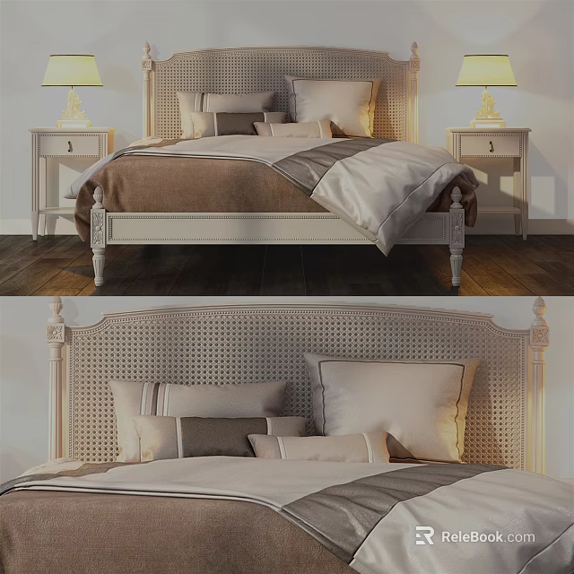 Elegant Double Bed With Stylish Headboard Nightstands Soft Pillows And Neutral Bedding 3d model