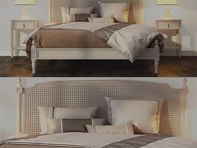 Elegant Double Bed With Stylish Headboard Nightstands Soft Pillows And Neutral Bedding 3d model