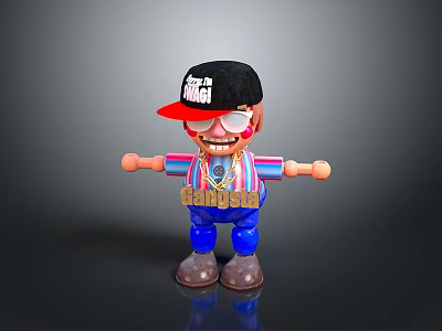 Cartoon Figure With Black Red Cap Smiling Face Striped Shirt Blue Pants And GANGBOSS Text 3d model