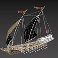 Ancient Wooden Sailboat With Beige Canvas Sails Red Flags And Oars