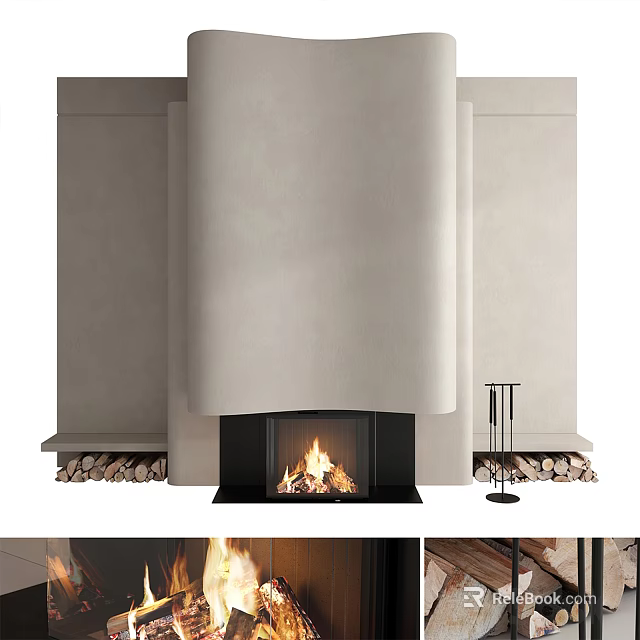 Elegant Modern Fireplace Design With Burning Fire And Wood Stack 3d model