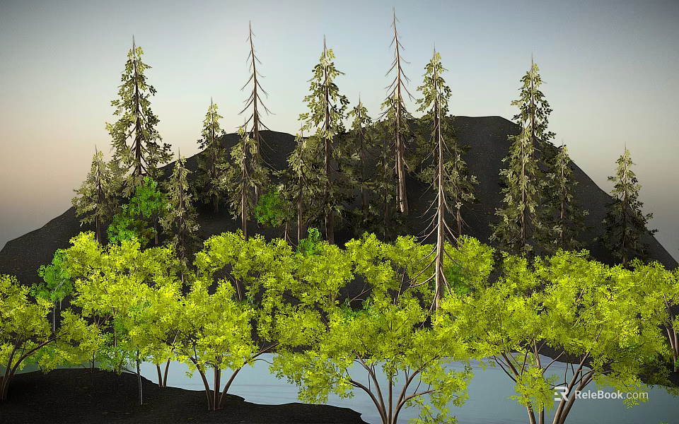 Lush Natural Landscape With Tall Pine Trees Green Yellow Foliage Mountain And Calm Water 3d model 