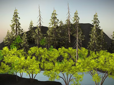Lush Natural Landscape With Tall Pine Trees Green Yellow Foliage Mountain And Calm Water 3d model