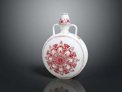 Decorative Ceramic Vase With White Body Red Floral Patterns And Two Handles 3d model