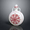 Decorative Ceramic Vase With White Body Red Floral Patterns And Two Handles