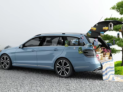 Blue Wagon Car With Open Trunk And Outdoor Items 3d model