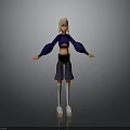 Blonde Woman in Blue Cropped Top Black Shorts with Purple Patterns White Socks Gray Background
