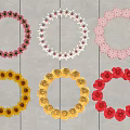 Decorative Ornament Set with Various Colored Circular Wreaths and Multiple Styles on Wooden Background