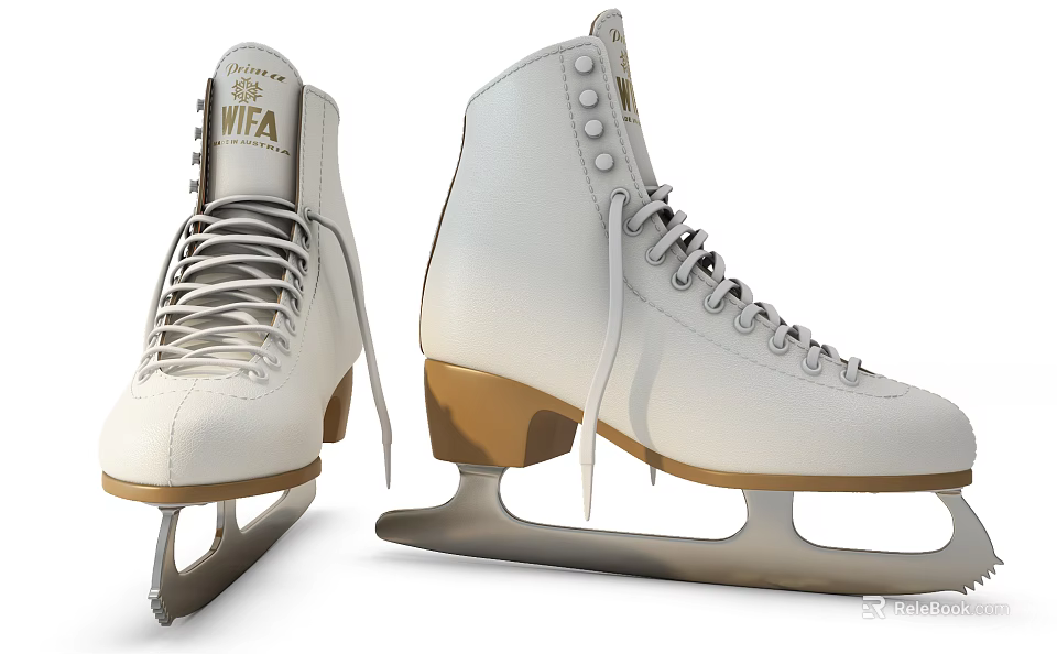 White Ice Skates With Gold Logo White Laces Brown Sole And Metal Blades 3d model 