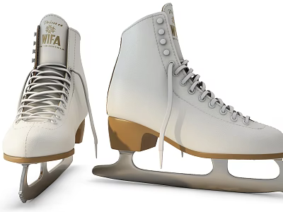 White Ice Skates With Gold Logo White Laces Brown Sole And Metal Blades 3d model