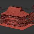 Cartoon Scene of Japanese Style Shop With Green Roof Wooden Structure Utility Poles and Trees