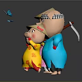 Three Pigs In Traditional Clothes Wearing Straw Hats Holding Straw With Flying Birds