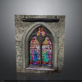 Architectural Arched Window Featuring Stained Glass and Stone Wall Design