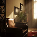 Cozy Study Room Interior With Bookshelf Wooden Desk Table Lamp Window Curtains And Carpet