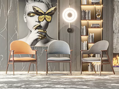 Modern Leisure Chairs With Orange Gray Upholstery Metal Legs In Stylish Interior With Artwork Bookshelf 3d model