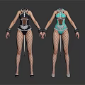 Women In Black And Blue Bodysuits With Fishnet Stockings High Heels And Wrist Cuffs