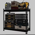 Black Metal Storage Shelf with Stacked Toolboxes in Different Colors and Sizes 3d model